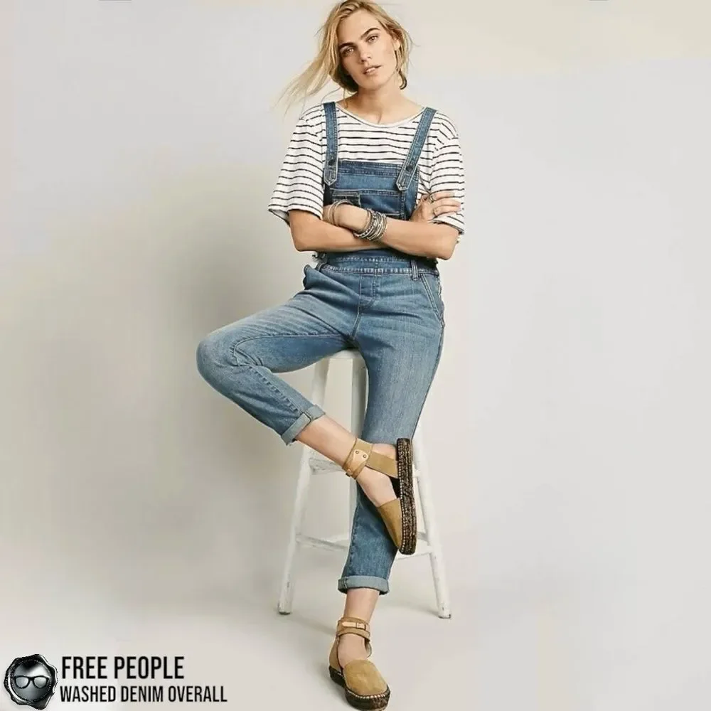 FREE PEOPLE WASHED DENIM OVERALLS IN DISTRESSED INDIGO WOMEN’S SIZE 30 SKINNY
